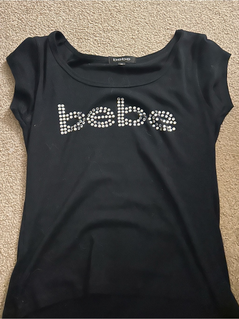 bebe Black Short Sleeve Top with Rhinestone Logo